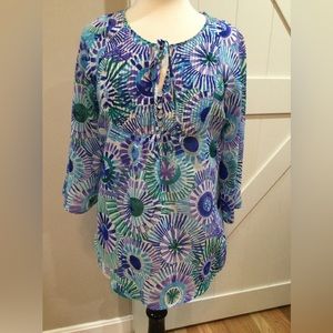 Fashion Bug, Small, long sleeve multi colored tropical top with tie at neckline